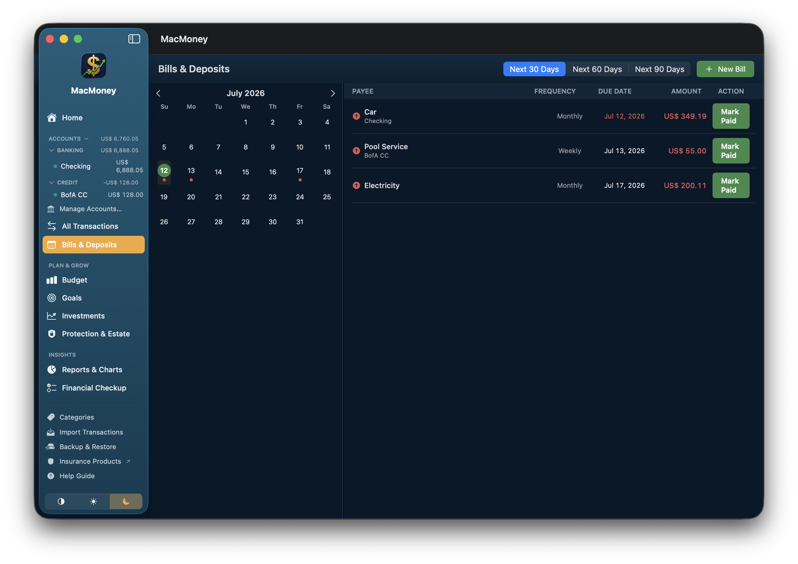 MacMoney Bills & Deposits calendar showing upcoming payments