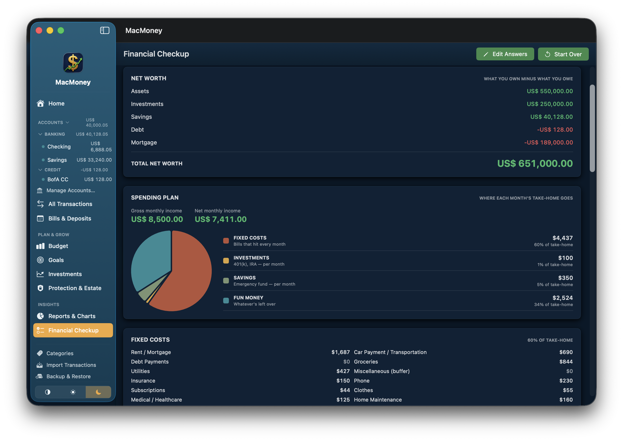 MacMoney Financial Checkup showing net worth, spending plan, and fixed costs