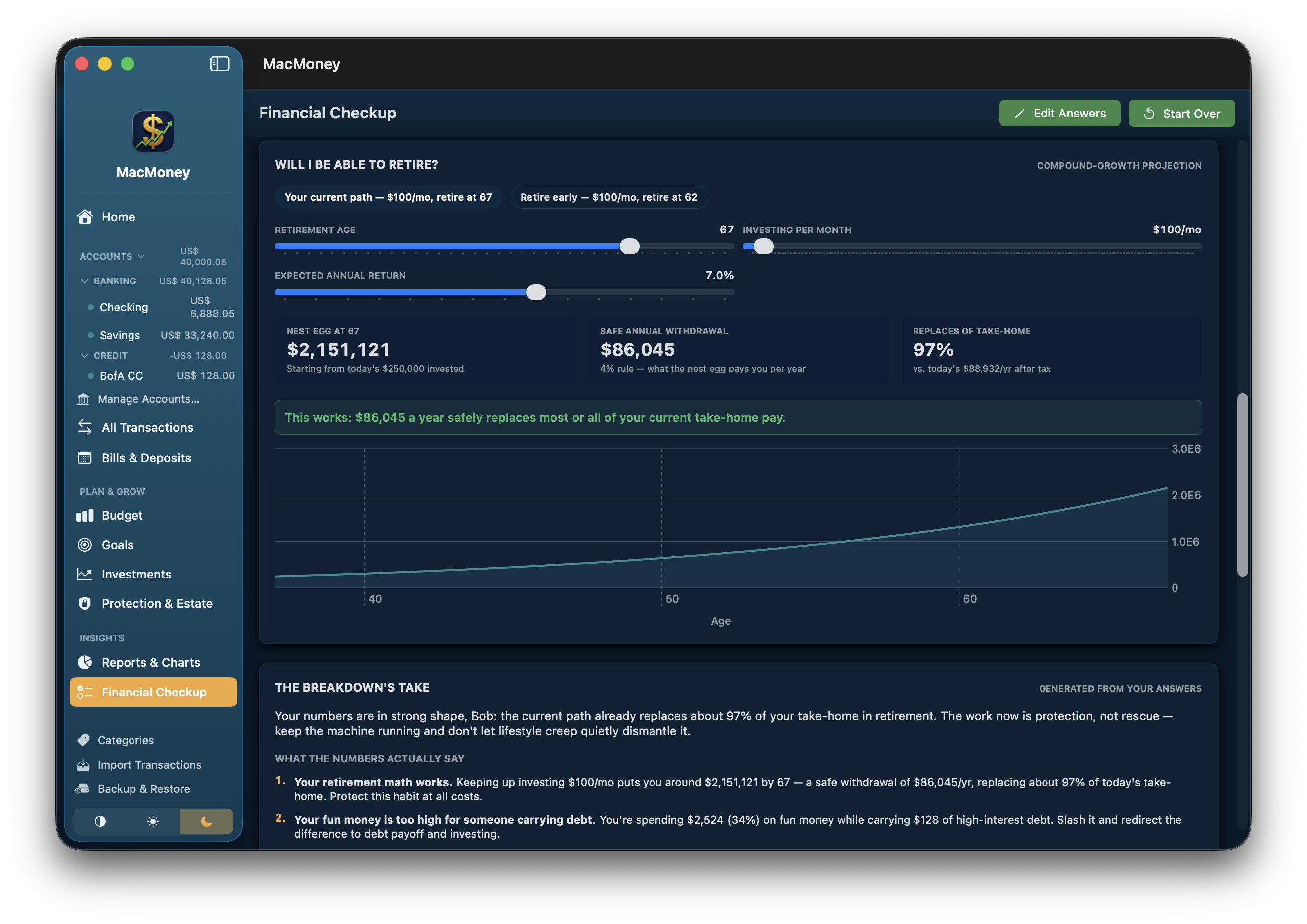 MacMoney Financial Checkup retirement projection calculator