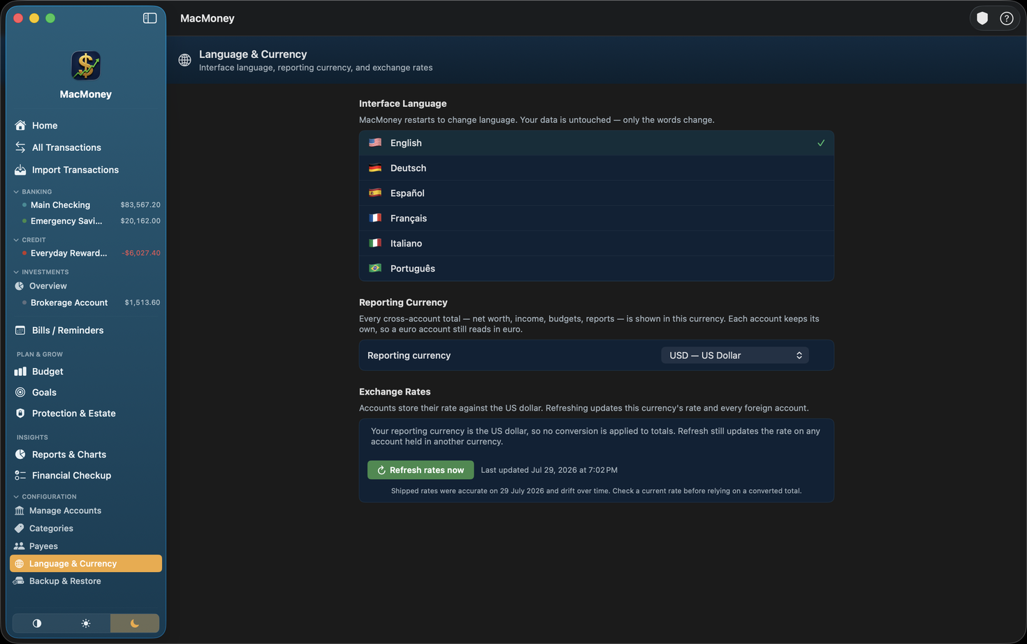 MacMoney Language & Currency settings with six interface languages and a reporting currency picker