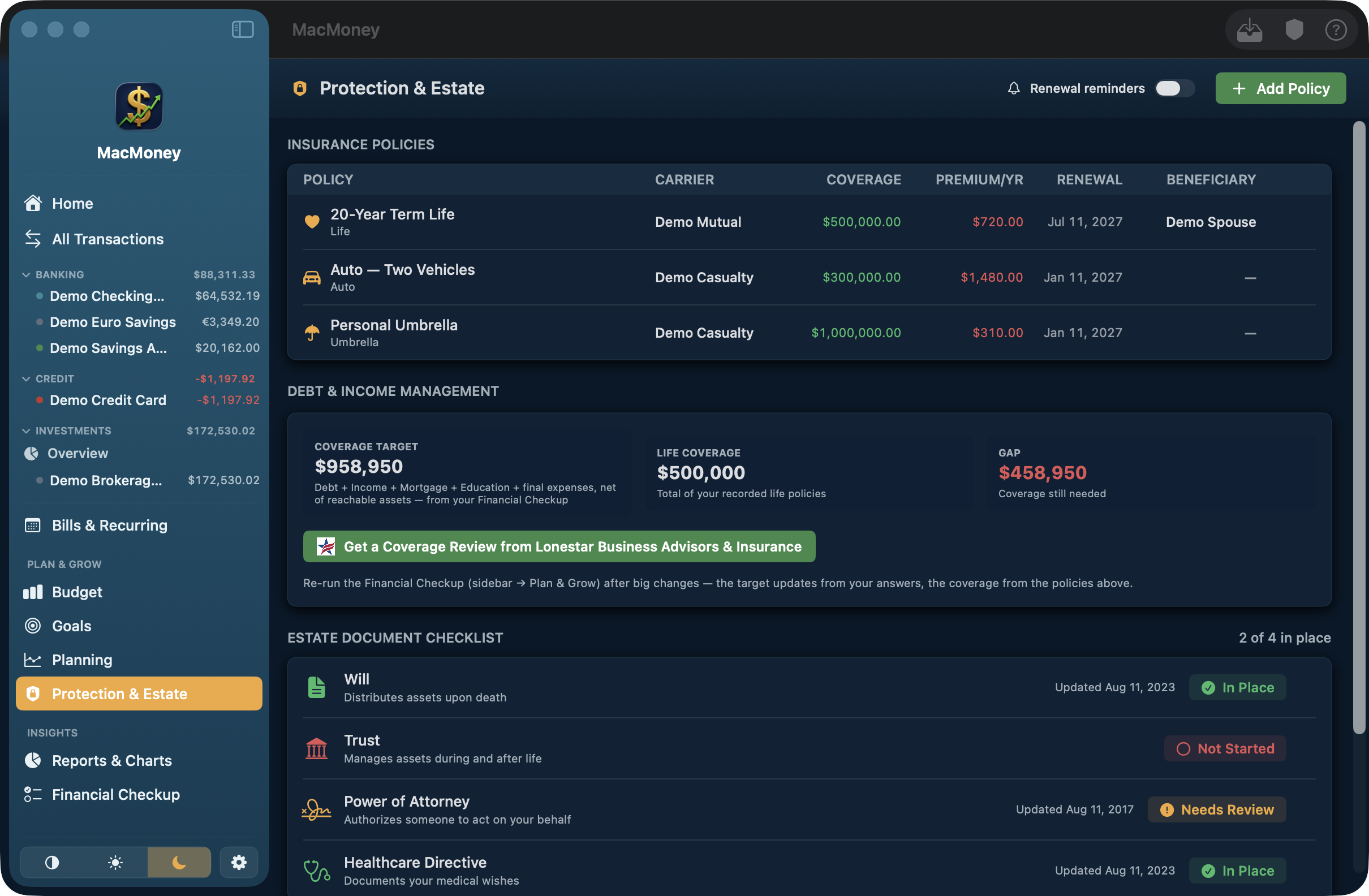 MacMoney Protection & Estate screen showing insurance policies, a life coverage target with the remaining gap, and an estate document checklist